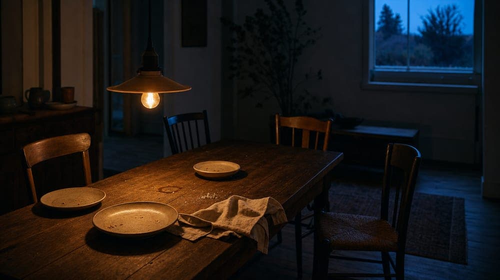 A family table after a meal has ended, lit by a single pendant bulb with dusk coming through the window beyond, the visual weight of absence that family separation creates.