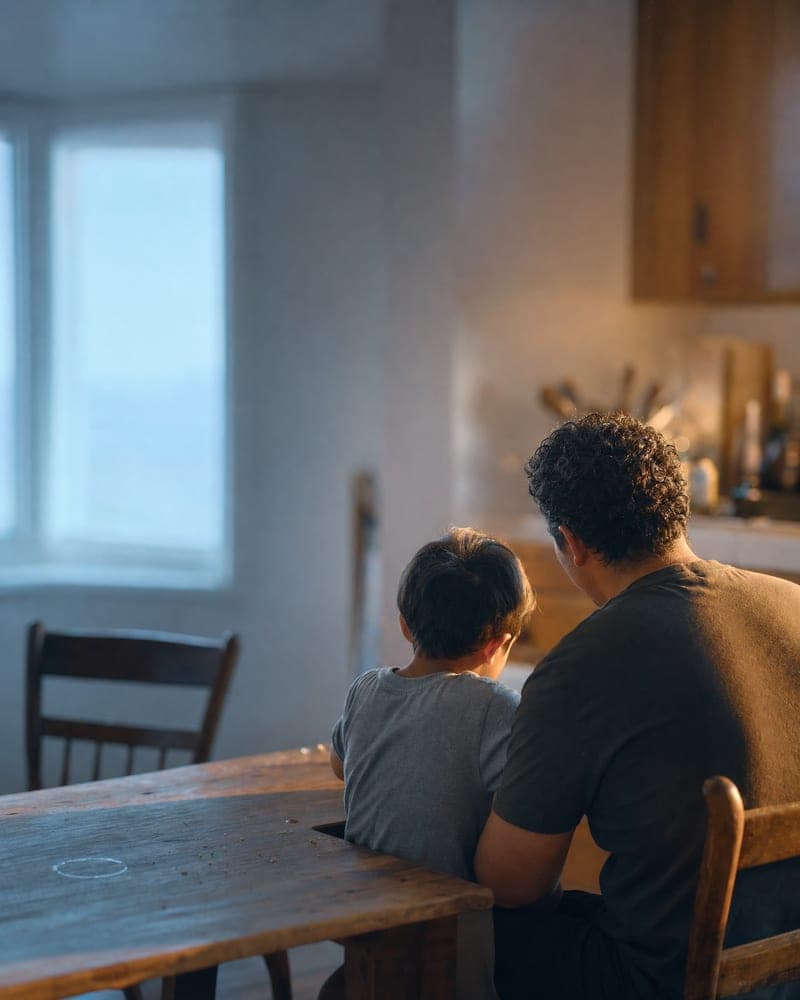 A parent and young child seated together at a kitchen table in low afternoon sun, seen from behind, the family relationship the waiver is meant to protect.